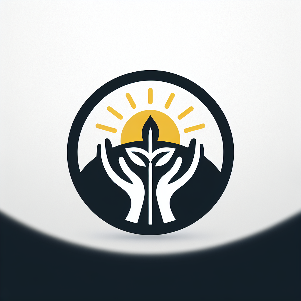 A logo for a site dedicated to empowering and uplifting the community [with a strong sense of community] [and growth], in a clean and impactful design that captures the spirit of support, with a rising sun involved and set of nurturing hands; [with a touch of modernity] and simplicity. Use black, white, and yellow colors.